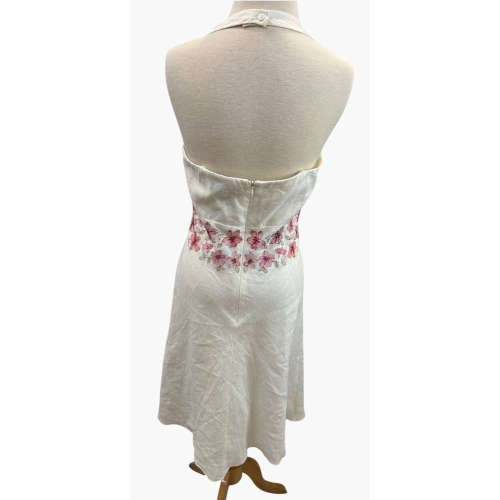 Ann Taylor Y2K Ivory Linen Floral Embroidered Halter Mini Dress Size 8 Coquette - Picture 10 of 15